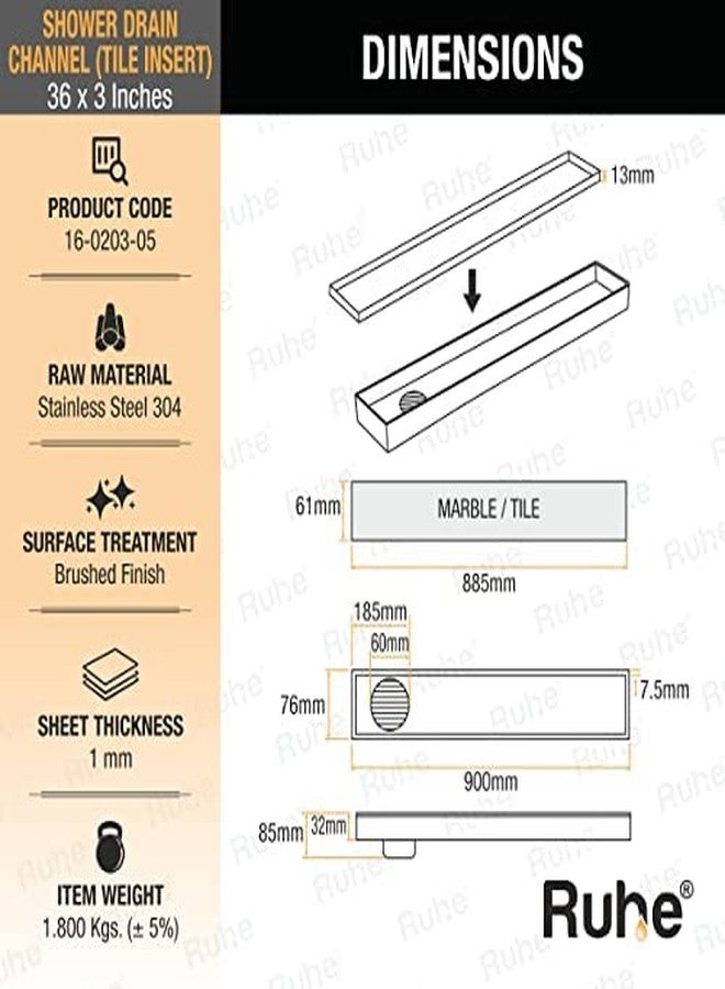 Ruhe® Tile Insert 36 × 3 Inches Floor Drainer | 304 Stainless Steel Tile Insert Shower Water Drain Channel/Waste Water Floor Drain | (For 13mm Marble) | With Stainless Steel Trap and Side Hole - Image 2